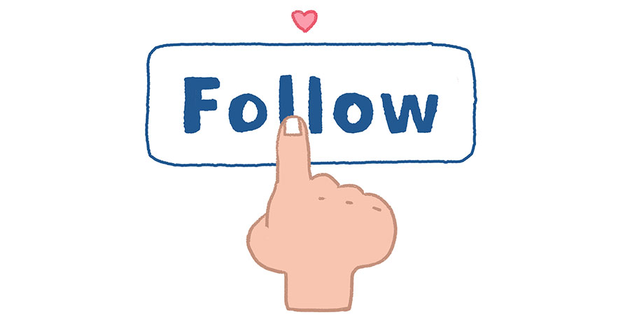 a 2D illustration of a hand pointing at the word "Follow"