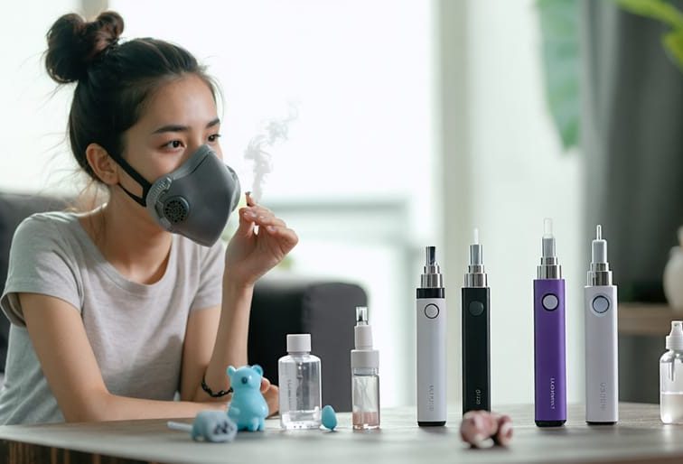 A concerned young mother holding a protective mask while examining vaping devices on a table, reflecting on indoor air quality and family health.